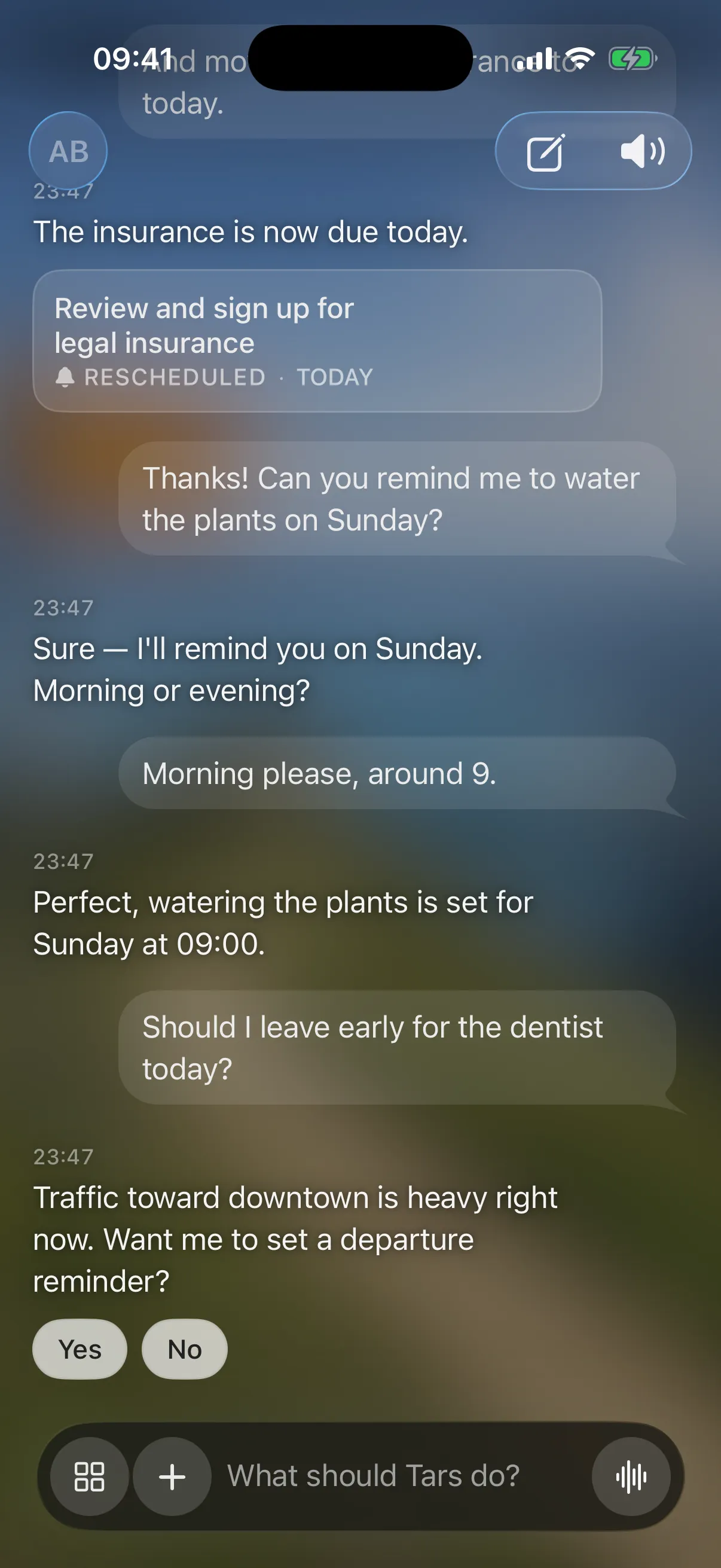 Tars iOS app — assistant chat moving reminders