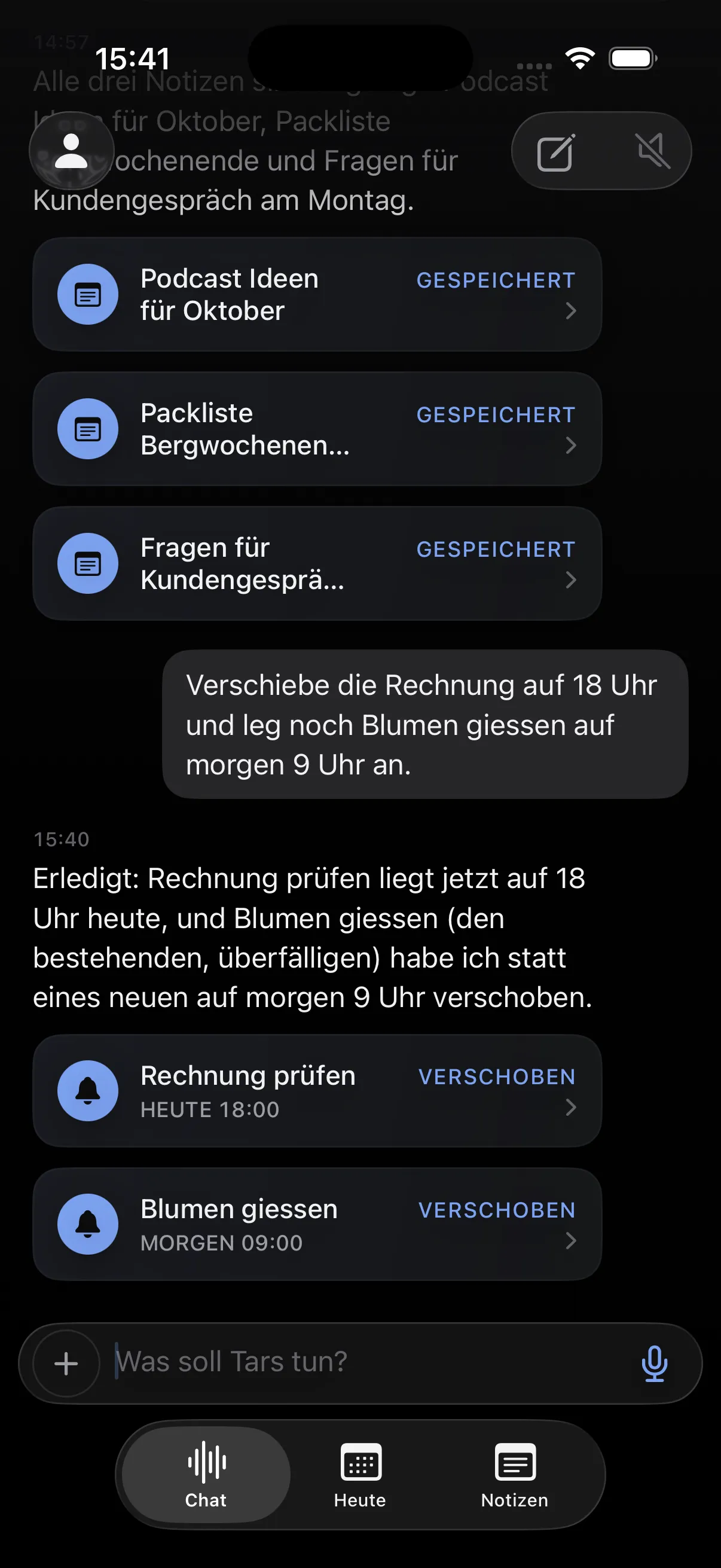 Tars iOS app — assistant chat moving reminders