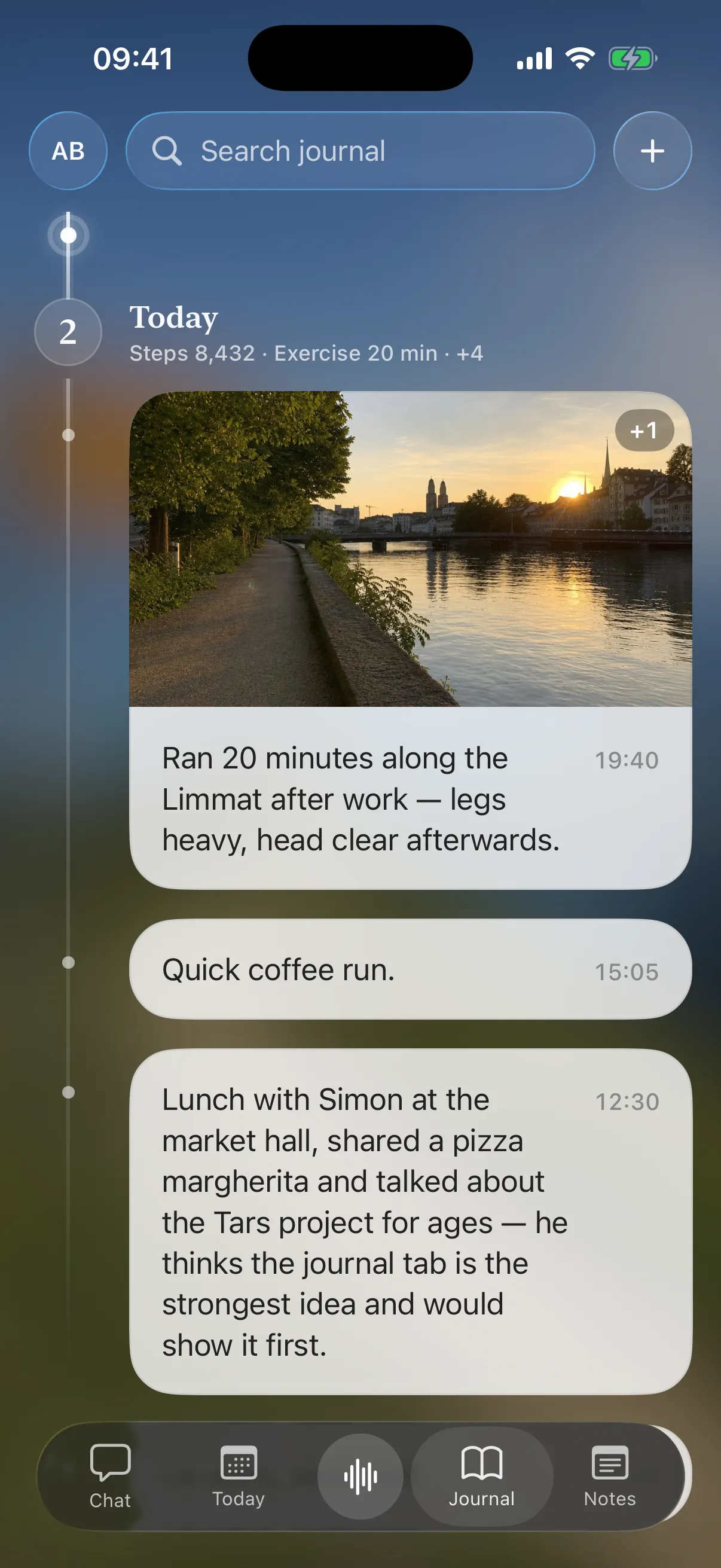 Tars iOS app — journal timeline with a photo of the Limmat and tracked stats