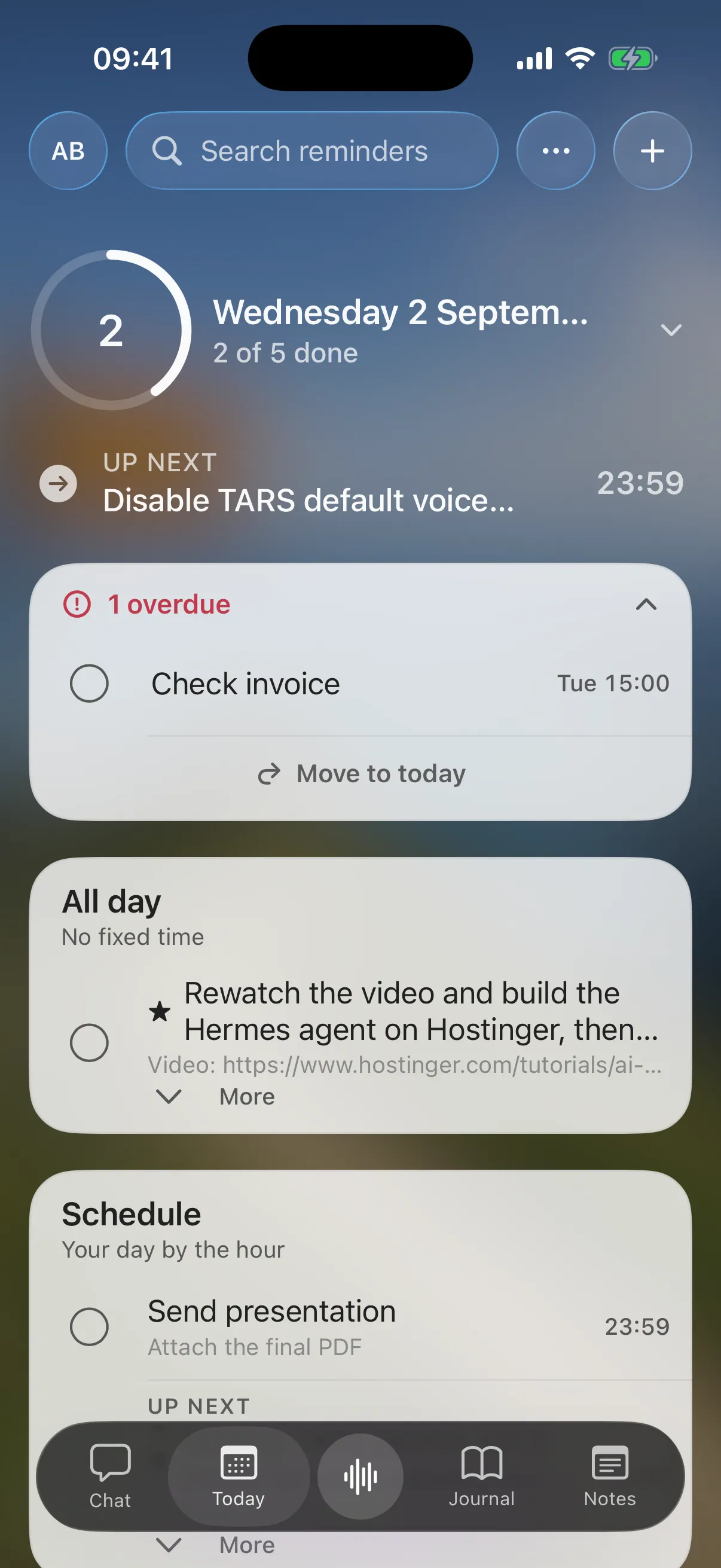 Tars iOS app — today view with schedule, over a blurred photo wallpaper