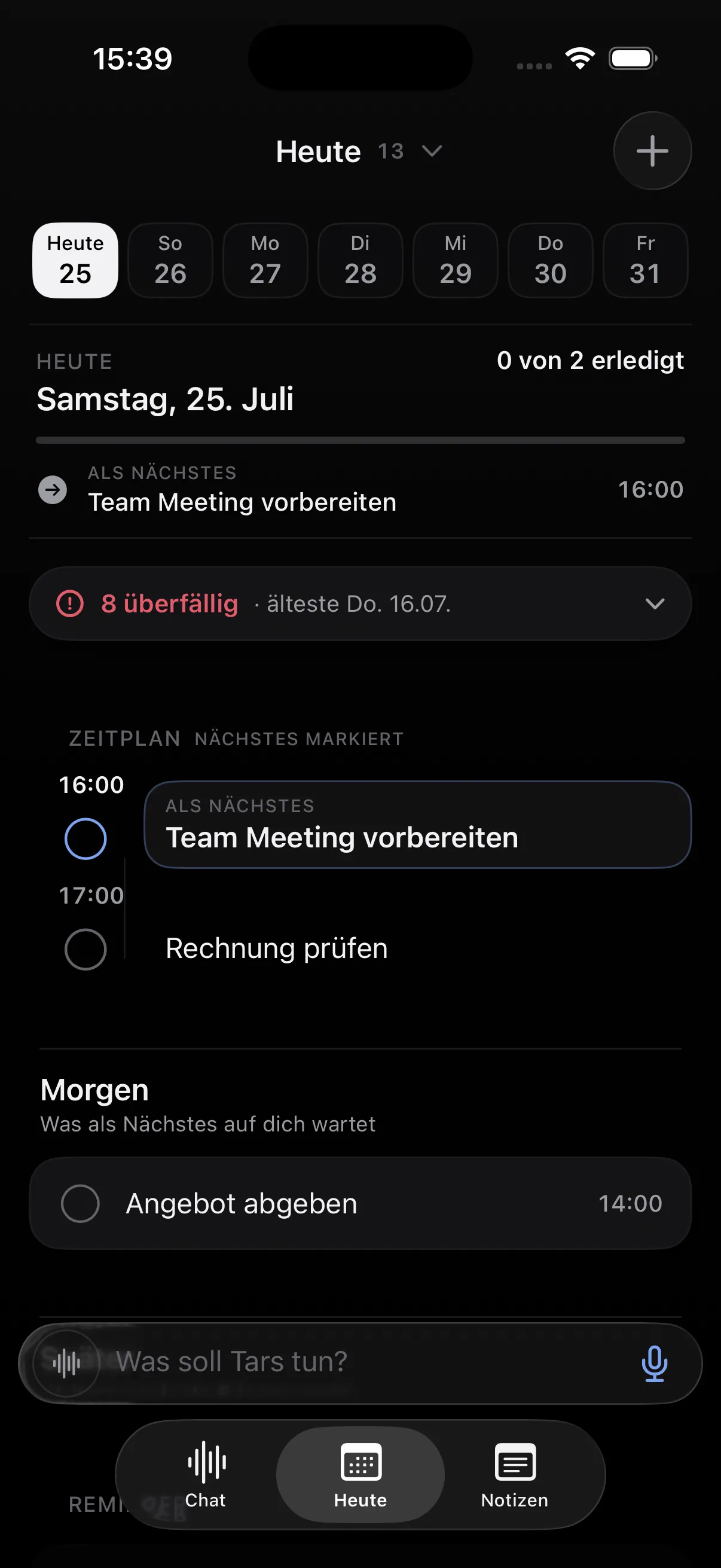 Tars iOS app — today view with schedule
