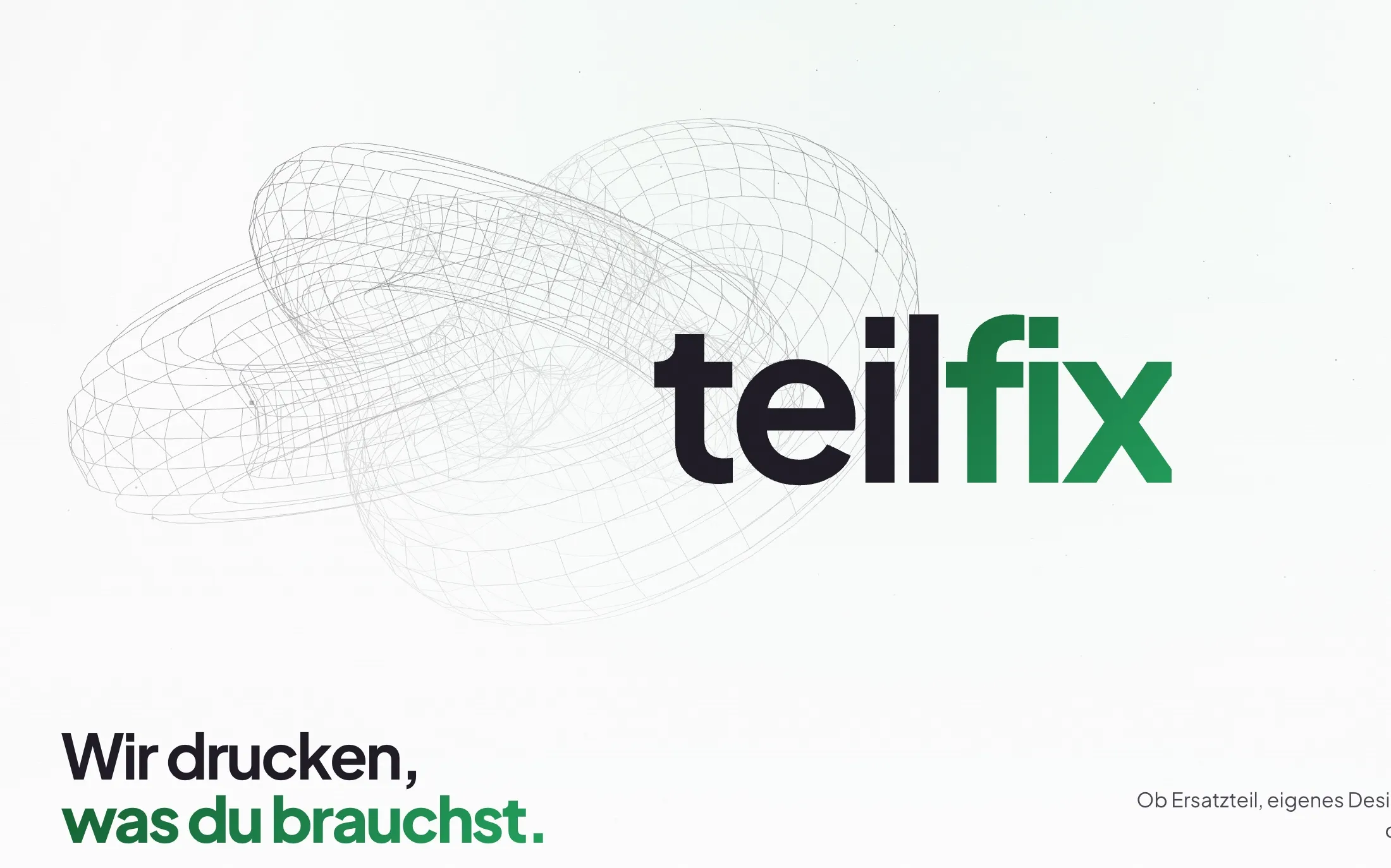 Teilfix website — blueprint hero with the wireframe torus and the teilfix wordmark