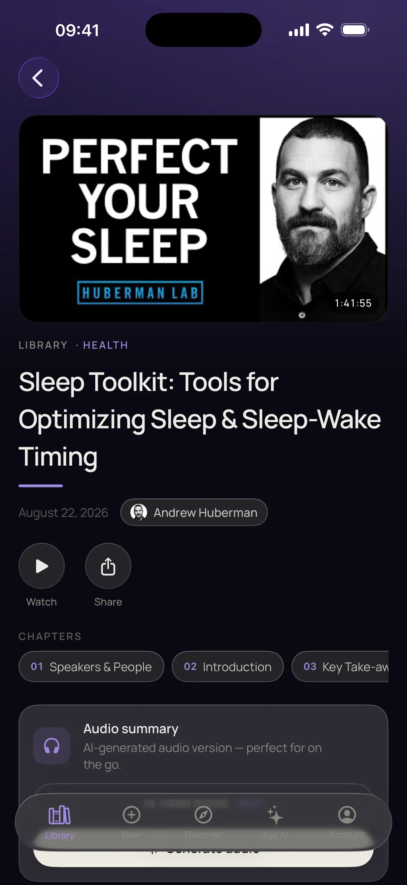 TheVidSum iOS app (dark) — summary of a Huberman Lab episode