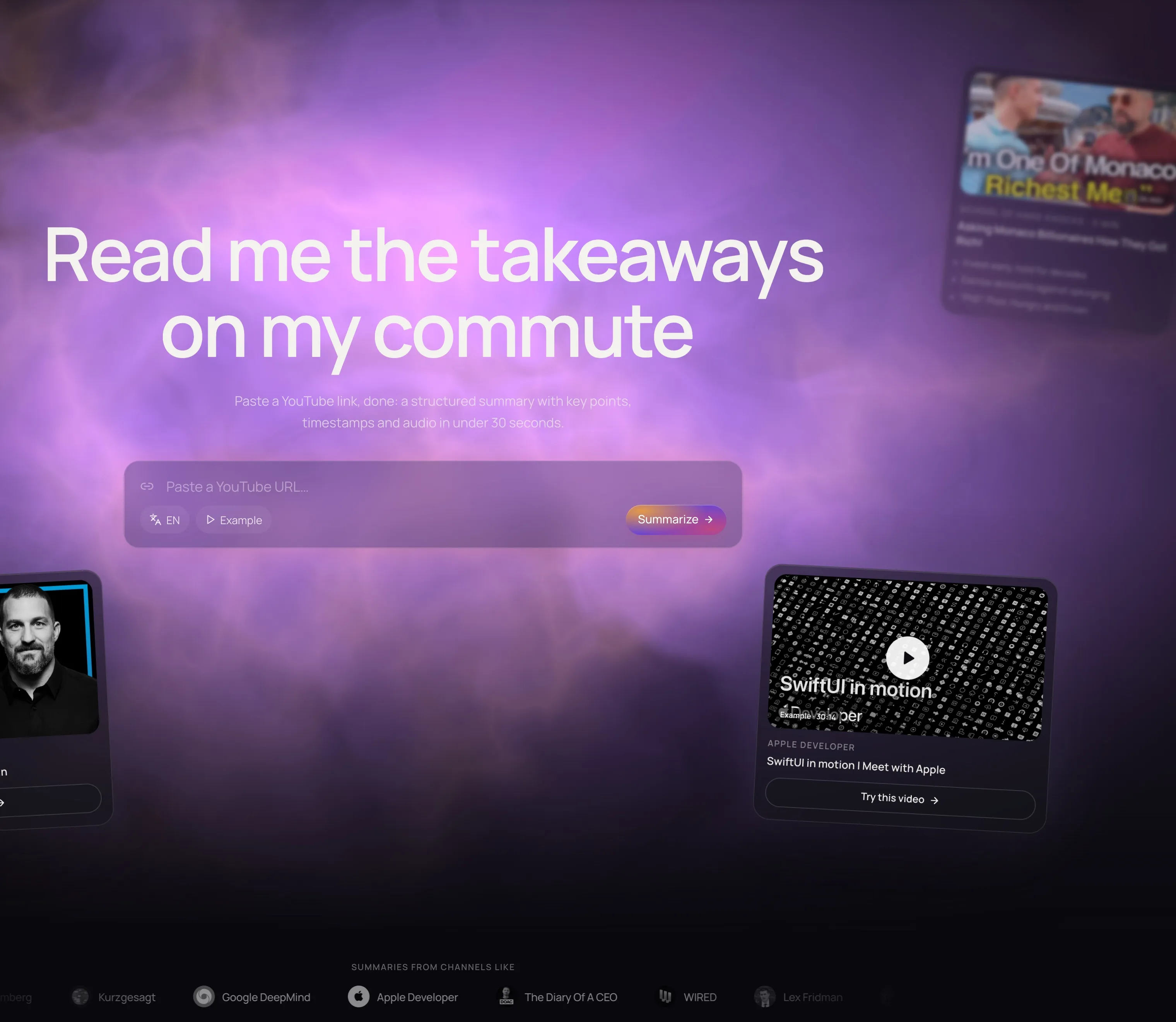 TheVidSum web app — hero with the summarize input